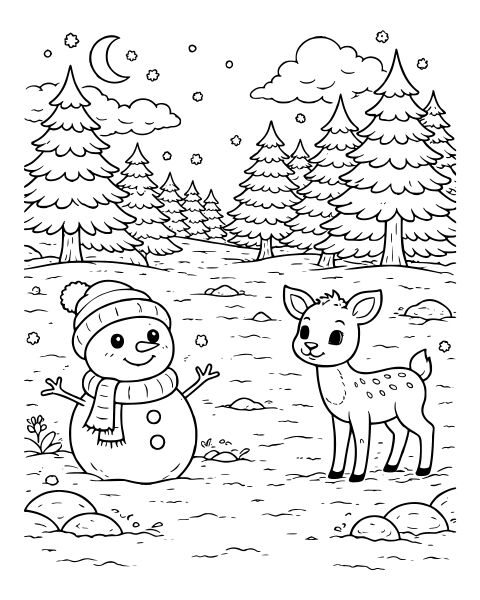 Snowman and Baby Deer Coloring Page