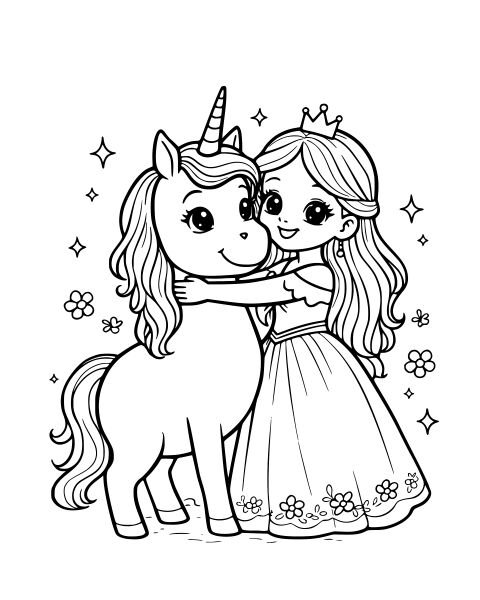 Unicorn Princess Friendship Scene Coloring Page
