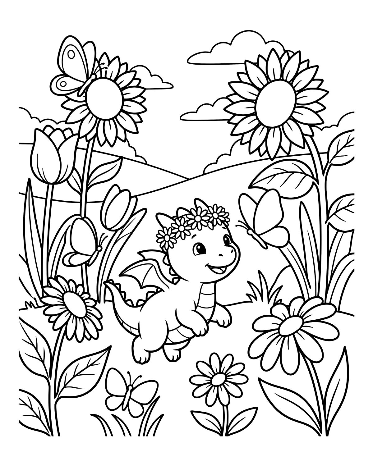Baby Dragon Garden Coloring Page