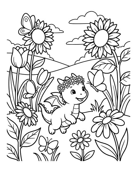 Baby Dragon Garden Coloring Page