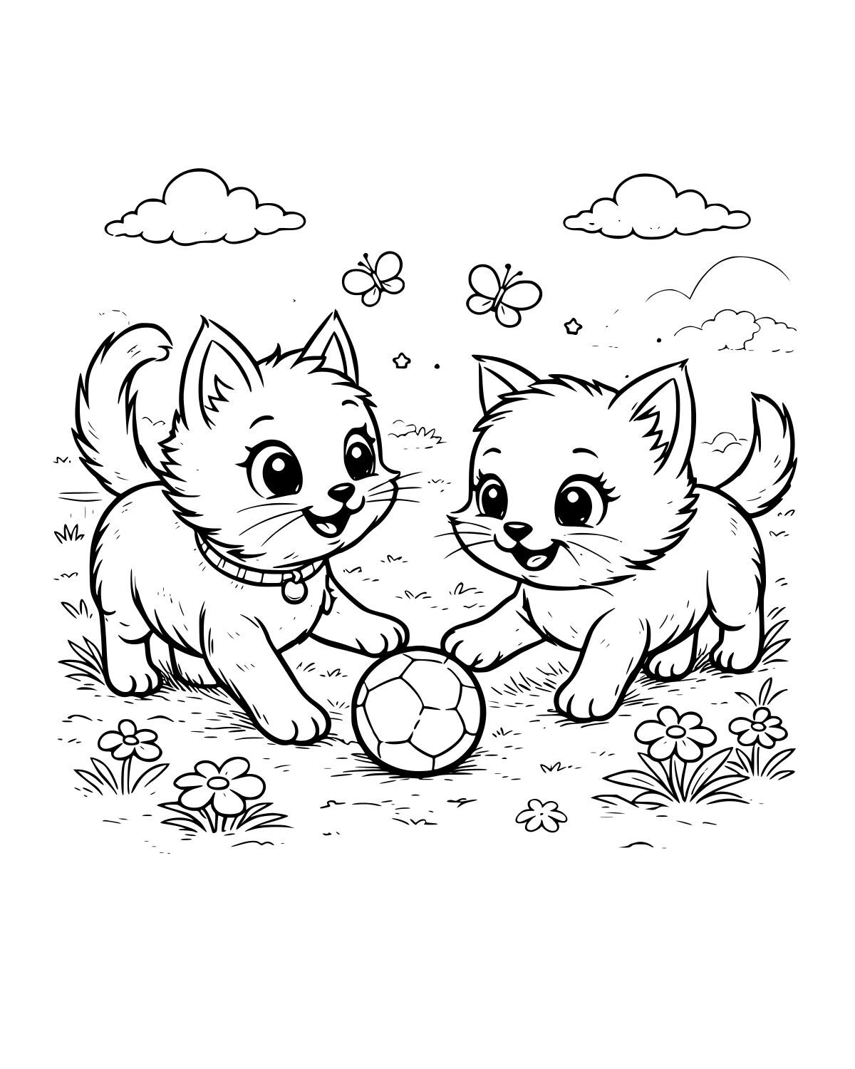 Playful Kittens Soccer Ball Coloring Page