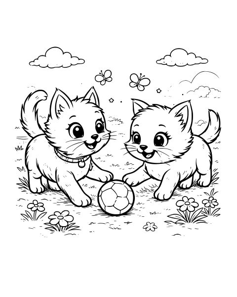 Playful Kittens Soccer Ball Coloring Page