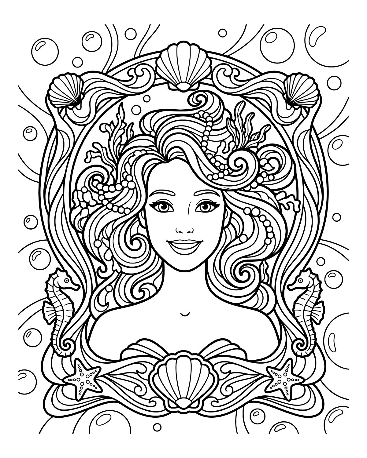 Ocean Mermaid Portrait Coloring Page