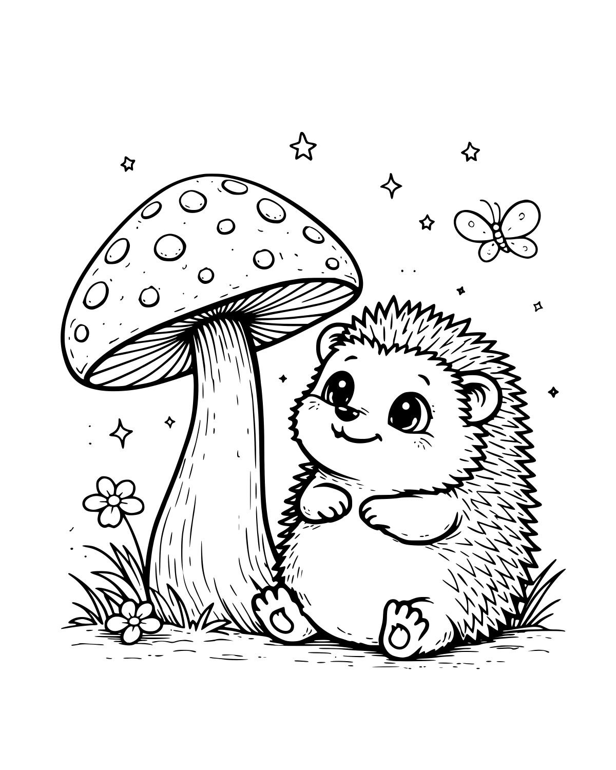 Cute Hedgehog Mushroom Coloring Page
