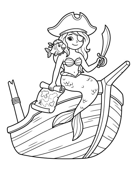 Pirate Mermaid Captain Coloring Page