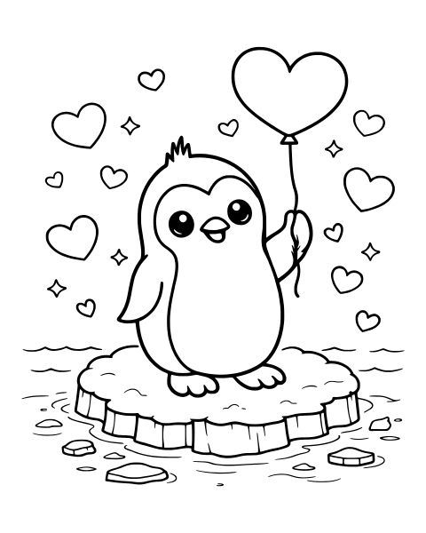 Penguin Heart Balloon Coloring Page