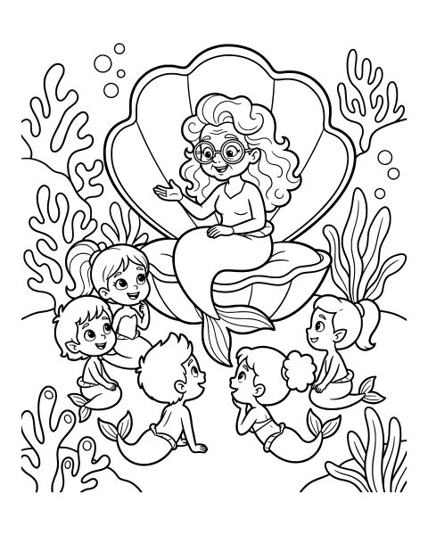 Mermaid Storytime Scene Coloring Page