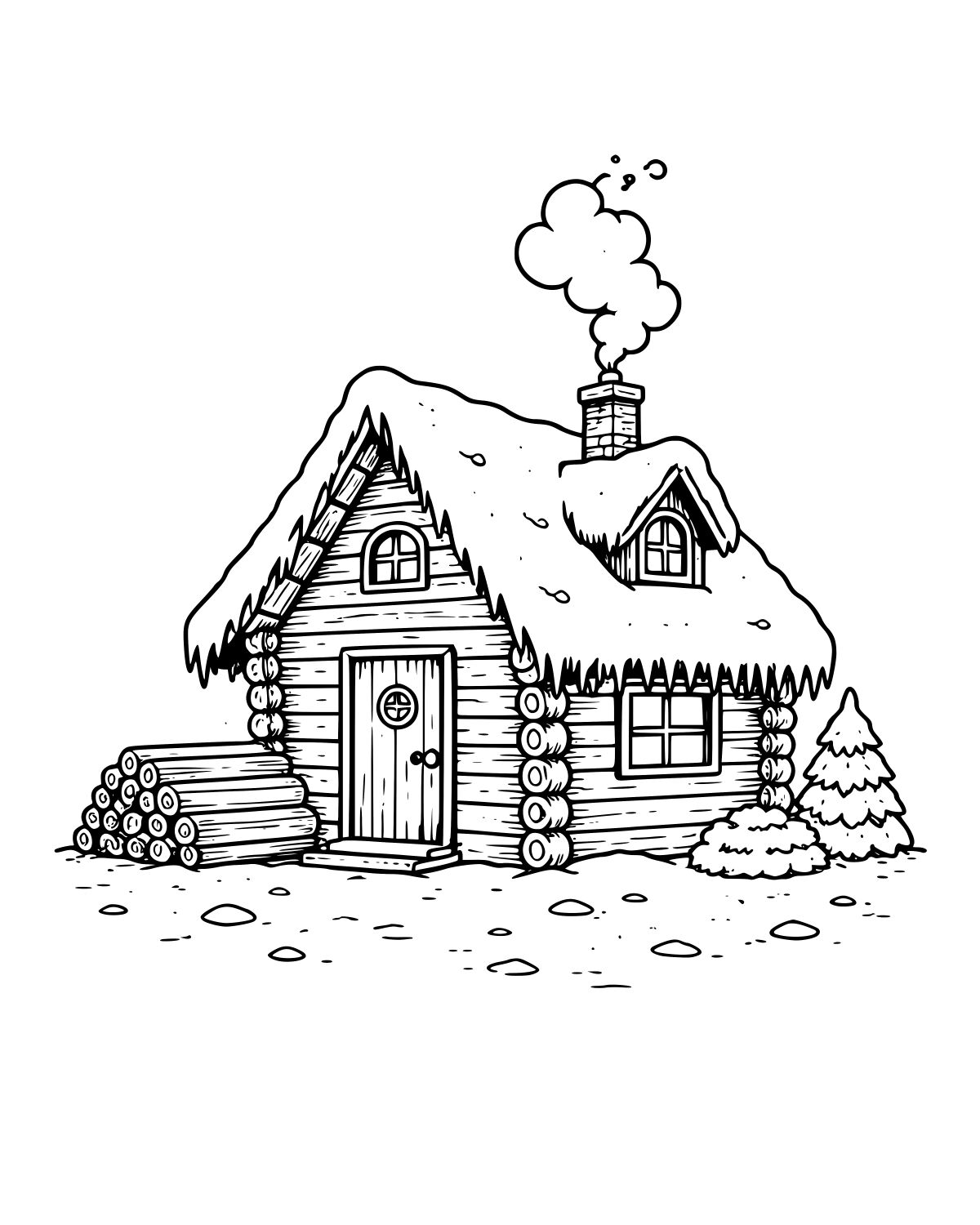 Snowy Log Cabin Coloring Page