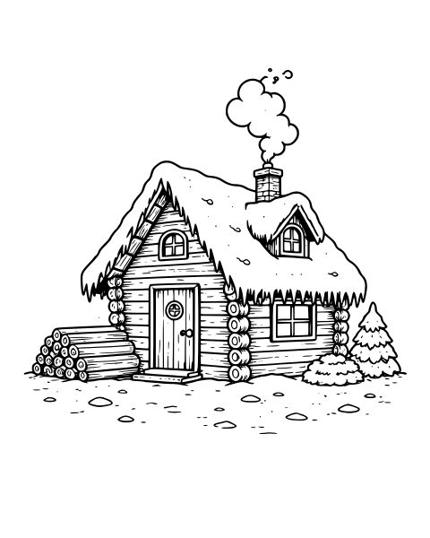 Snowy Log Cabin Coloring Page