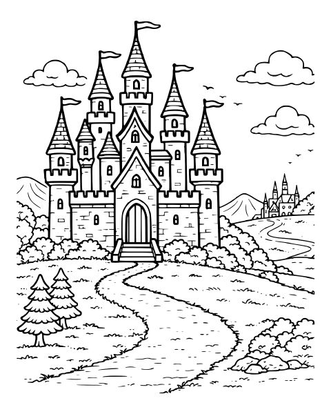 Fairytale Castle Landscape Coloring Page