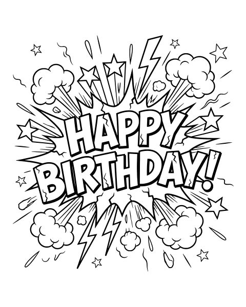 Happy Birthday Burst Coloring Page