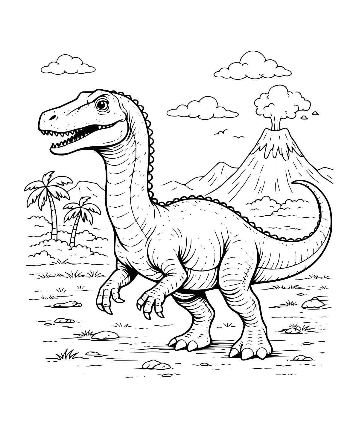 Dinosaur by Volcano Coloring Page