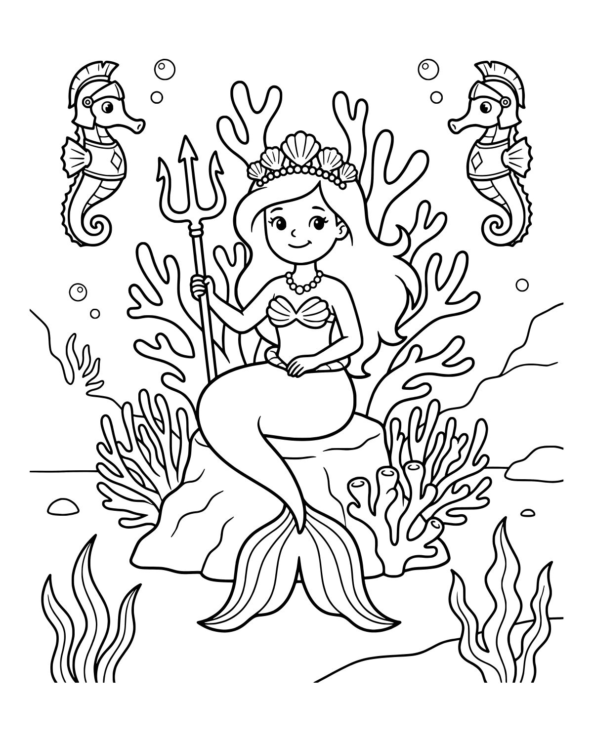 Mermaid with Trident Coloring Page